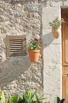 岛屿绿色旅行西班牙巴利阿里群岛Mallorca的石墙上花盆装饰品图片