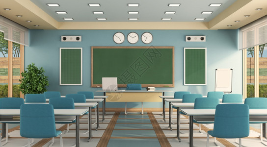 空的现代班级教师课桌学校和黑板3D使无学生的多彩类班级丰富的窗帘木板图片