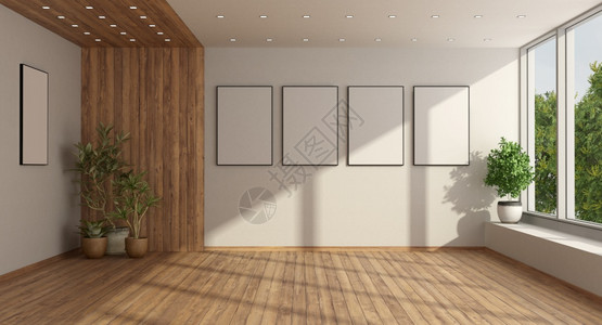 公寓空的最小客厅有大型窗户和哈伍德地板上的家庭种植3D为空的小型客厅有大窗户极简主义者居住图片