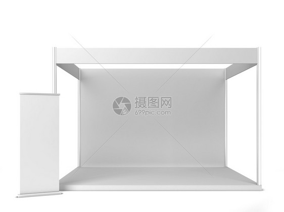 卷以白色背景孤立的3D插图标语进行交易展示的台站立嘲笑图片
