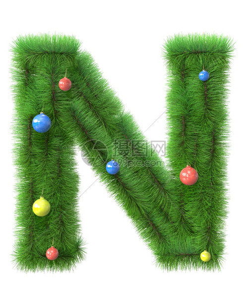 丰富多彩的圣诞节分支机构N字母由白色背景上隔绝的圣诞树枝组成图片