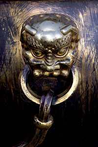 禁止的金属瓮在紫禁城北京的水池上关闭铜柄的门把手图片