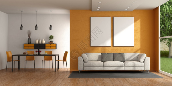 建筑学小样现代客厅沙发与橙色墙对面餐桌与椅子3D为现代客厅沙子与餐桌软垫图片