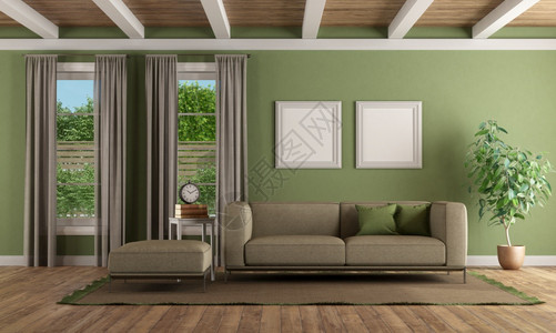 家绿色客厅配有现代沙发脚凳和两扇窗户3D为绿色客厅提供现代沙法和脚凳公寓窗帘图片
