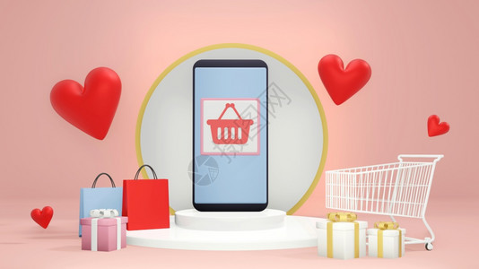 手机渲染圆筒在白色柱台的SmartphoneSmartphone平台上由购物车胶纸箱购物袋和红心3成型图示d图片