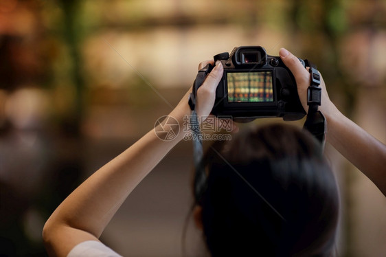 年轻摄影女青提高像头的将照片选择焦点放在相机上颜色散景专业的图片