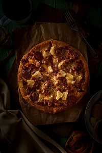 披萨加培根和香肠加培根和意大利美味的一顿饭图片