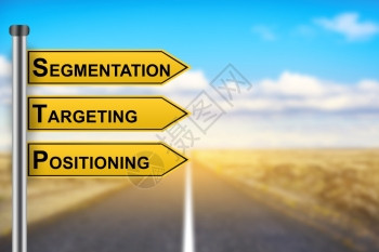 黄色的在背景模糊黄色道路标志上有分块目确定营销战略文字定位和消费者商业图片