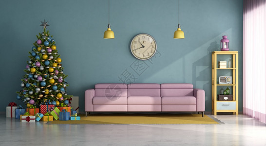 假期古老式客厅有丰富多彩的Chrisma树Gifft和粉红色沙发3D在古代式客厅里等待圣诞节粉色的建筑学图片