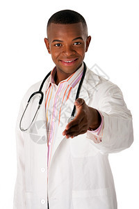 常设友善的男医生护士准备用听诊器握手孤立无援举起手来白色的摄影图片