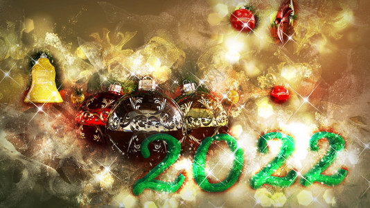 钟庆典带球的20年圣诞节背景带球的年圣诞节背景的3D渲染发光的图片