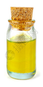 黄色的营养丰富白背景上隔离的橄榄油小玻璃瓶白色背景上隔离橄榄油的小玻璃瓶生图片