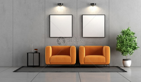 地毯公寓配有两张橘子臂椅和咖啡桌的最小混凝土室3D为含水泥室配有两张橙子臂椅的混凝土室当代的图片