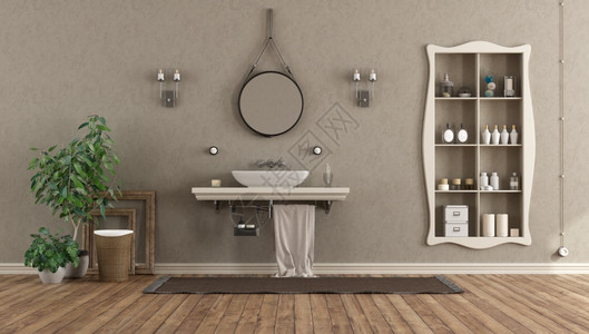  在地板上复古的地毯优质在架子上和有天物的缝隙板上有洗手盆的古典卫生间3D以传统风格在架子上用洗手盆铺设浴室设计图片