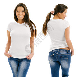 美丽的年轻漂亮感美女穿着白衬衫前后背准备你的设计或艺术品牛仔裤白色的图片