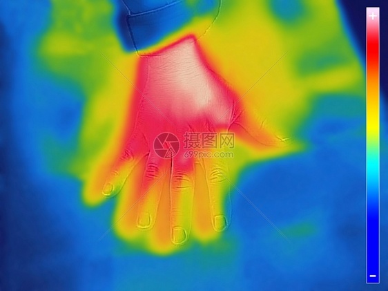 科学的健康蓝色使用热摄像头拍人体手和指的红外皮肤图像图片
