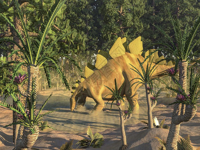 野生动物捕食者之中沃洛米亚树和威利安索尼亚树中池塘的一条恐龙饮用3D将恐龙变成D图片