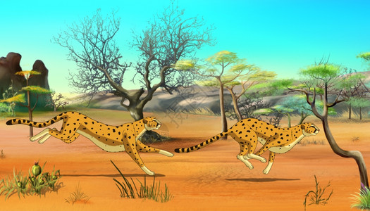 生态两只猎豹在非洲稀树草原上捕猎数字绘画漫风格全色插图棕的掠食者图片