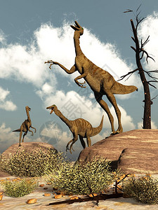 牛羊成群经过风景优美Gallimimus恐龙白天在沙漠中成群3D渲染Gallimimus恐龙渲染景观设计图片