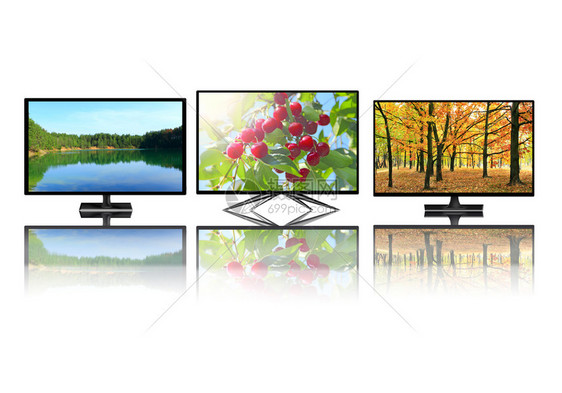 互联网技术白色的背景电视屏幕上孤立的电视监器显示在白色平面高定界电视上孤立的自然4k监测器图像和全HDTVLCD电视现代装置在白图片