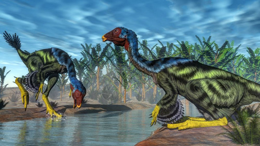 爬虫捕食者自然帕希普特里斯河旁的一条流上两个caudipteriix恐龙和原植物3D使Caudipteryx恐龙变成3D图片