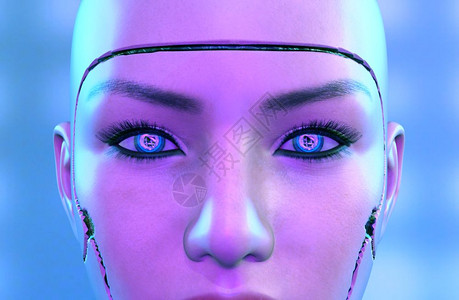 发光的3D一个女机器人的3D面对一个蓝背景的女机器人3D脸智力图片