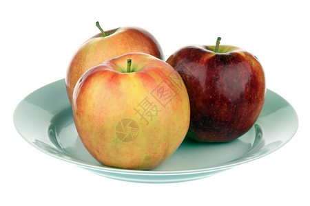 美丽的维斯尼诺夫三个苹果在一盘子中的3苹果在白色背景A上被孤立收成图片