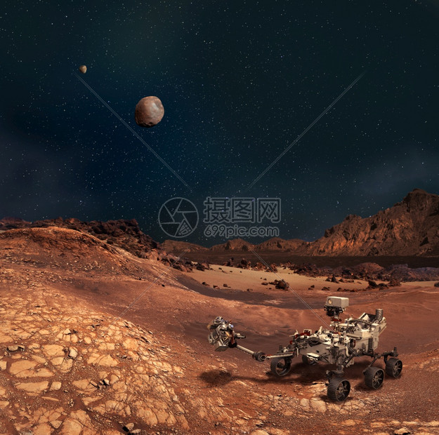 行星火岩石地貌的恒月球和天上的Deimos美国航天局提供的一些元素不耐力翻转天文地质学星红色的图片