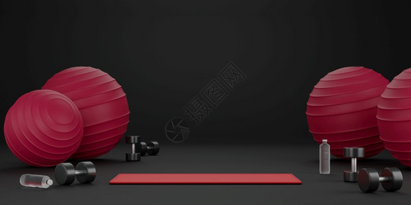 目的金属哑铃红发球瑜伽垫和饮用水瓶装设备于在深底3D种子上健身嬉戏的房图片