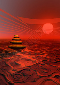 无水环境户外红宝石和日落在沙漠中平衡石块以色彩多的夕阳图片