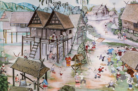 跳舞鸡过去在泰国清迈寺墙上生活着的Lanna人泰壁画男图片