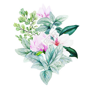 卡片Magnolia和叶子亮水彩花束配有fern羔羊耳朵手画插图形象的邀请图片