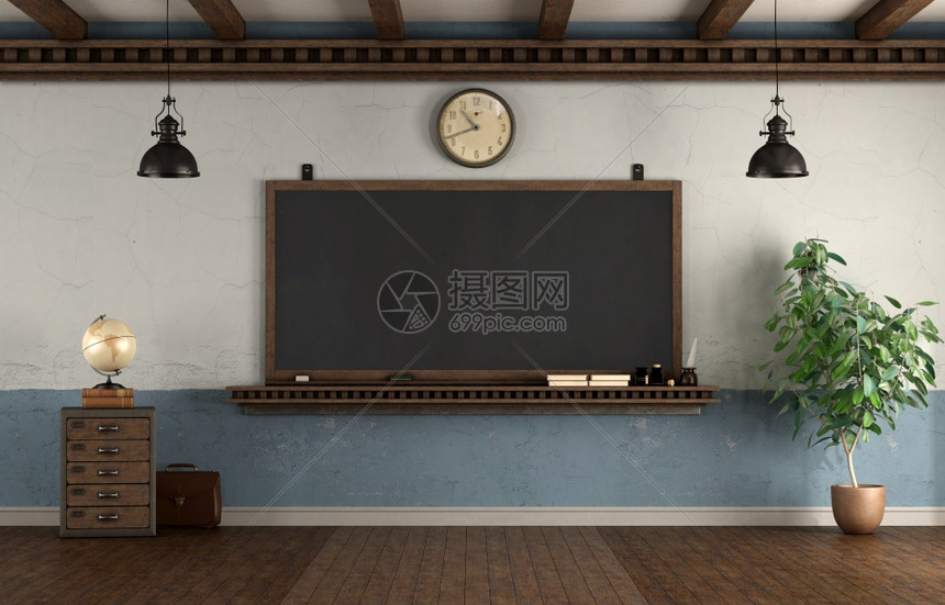 复古的黑板挂在旧墙壁上的回移风格空教室3D使用黑板的Retro风格教室课硬木图片