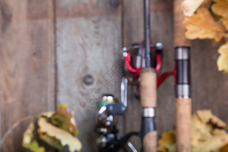 模糊的背景在旧木板上用叶子挂着渔具滑轮配件石墨图片