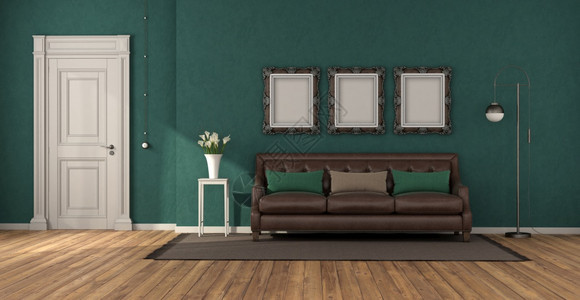 公寓绿色古典客厅有皮沙发和白色闭着的门3D为绿色经典客厅有皮沙发硬木制的图片