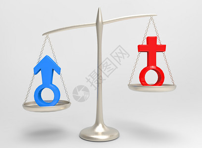 3d使红色女和蓝男在银平衡等级上的别标志男子一方为重者妇女一方为不平等或两薪酬差距概念平等的蓝色比较图片