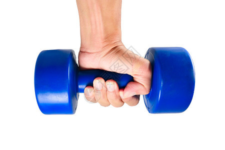 为了用手握着邓巴铃在白色背景下锻炼蓝色哑巴肌肉质量图片