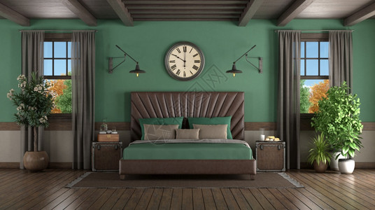 木头硬绿色房间的皮双床有两扇木窗3D制成绿色复古卧室和皮革双床屋顶图片