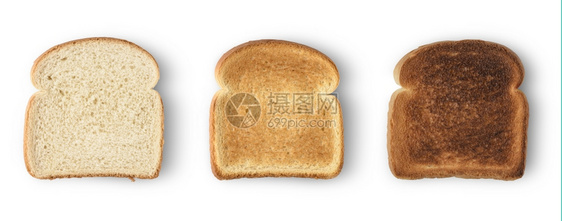 食品放一组三片面包在白色上隔离柔软的图片