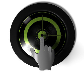 3D手按中键选择或决定良好的选项或决定圆环按钮内有绿色目标并一个手按中键形象的金属圆圈图片