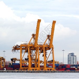装起重机和集箱的港口仓库全球码头出口图片