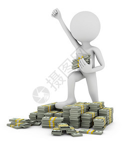 彩票快乐的成功一个举起手的人站在一捆钱堆叠上3D铸造图片