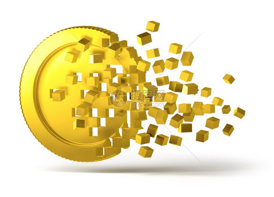 银行业破碎成零散的数码像素块3D加密货币价格概念3D加密货币价格概念金子融的图片