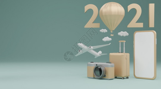 数字的手机最小新年201快乐白色屏幕移动模型配有飞机行李和摄影用于面食绿色背景旅行概念3d图片