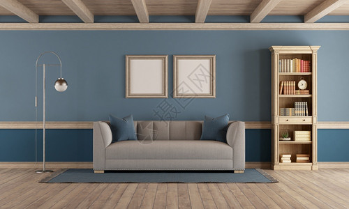 灯具有优雅沙发书包和蓝色墙的古典式客厅3D制成经典风格客厅内有旧家具和蓝墙地面屋设计图片