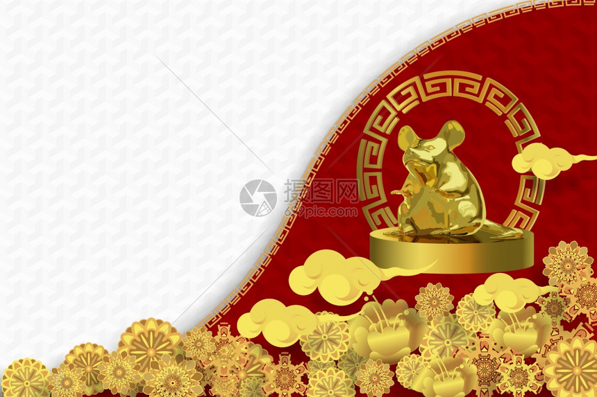 假期庆典花新年20贺卡有可爱的老鼠黄座标和半红白图案背景的矢量插图图片
