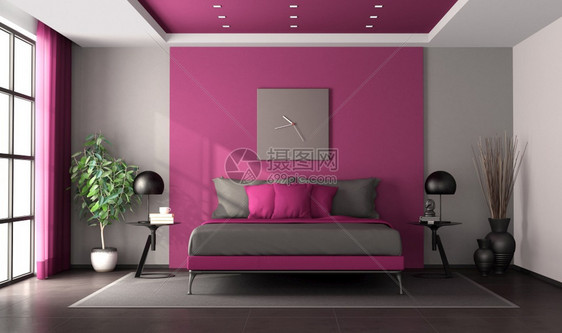 紫色和灰主卧室配有调制器双床3D折紫和灰色主卧室地毯枕头双倍的图片