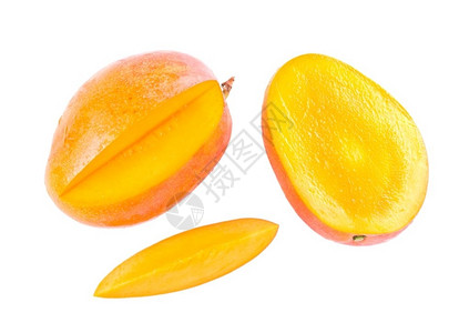 橙热带金的鲜新美味芒果水和切片白底图片