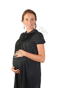 等待身穿黑色古老礼服的美丽孕妇在白色背景下被孤立未出生图片