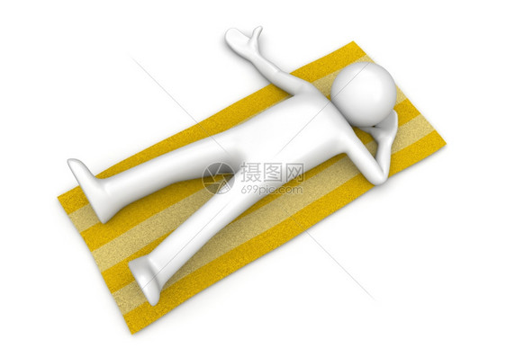 人类一个躺在沙滩毛巾上3D与白色背景人物系列们白色的图片